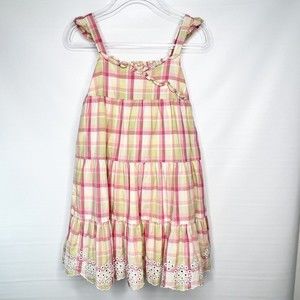 Janie And Jack Sundress Girl Size 6 Pastels Plaid Lined Ruffles Pinks Eyelet Hem